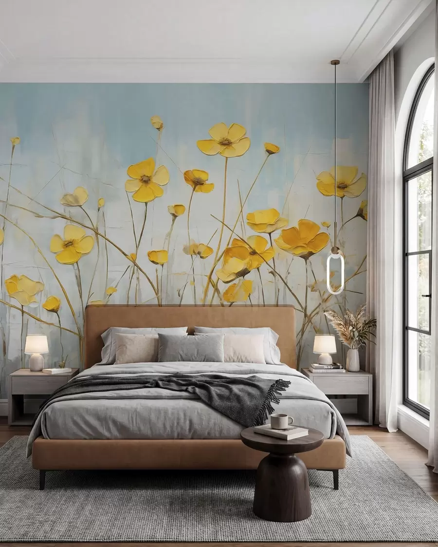 wall murals Small yellow flowers on blue oil painting w08129