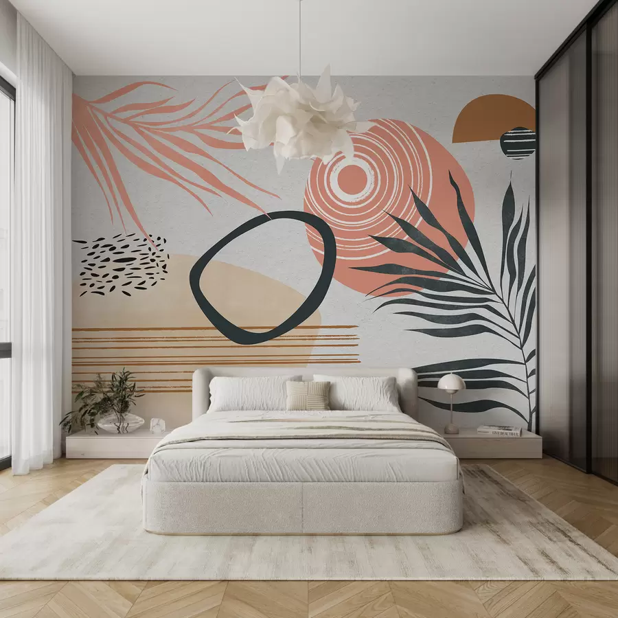 wall murals Geometric abstraction with palm branches, boho style, spot, pink, blue, gray, wall texture w08133