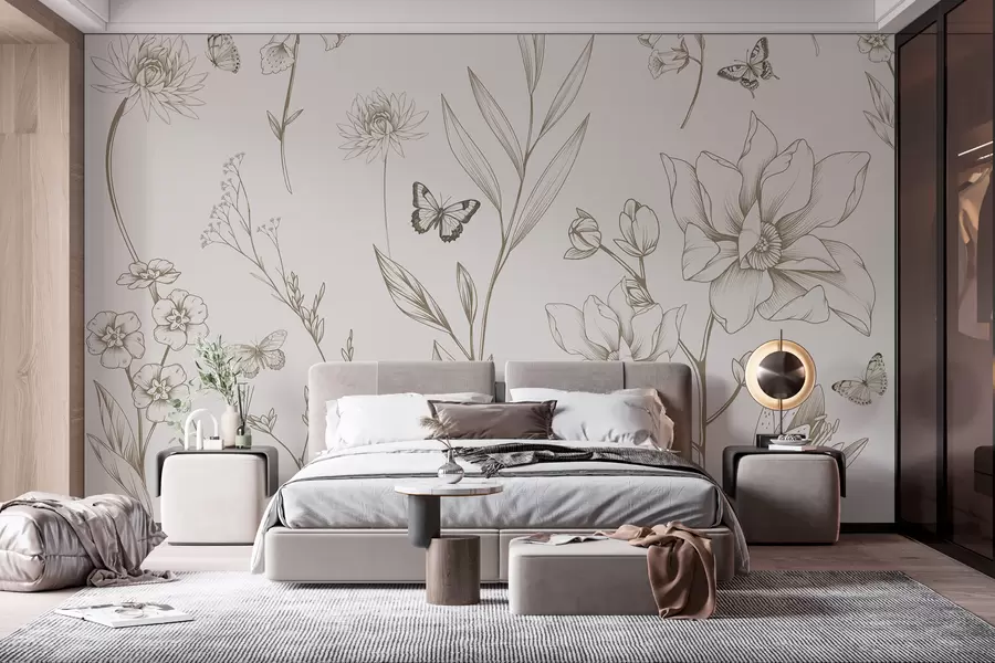 wall murals Boho Monochrome Flowers and Butterflies in beige color w08088v1