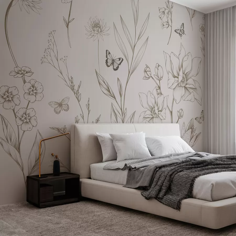 wall murals Boho Monochrome Flowers and Butterflies in beige color w08088v1