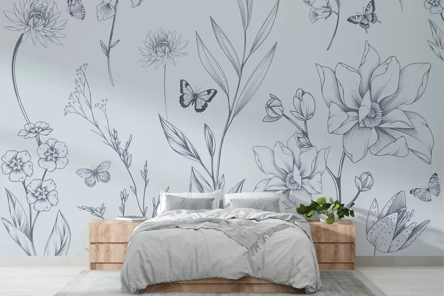 wall murals Boho Monochrome Flowers and Butterflies in blue w08088v2