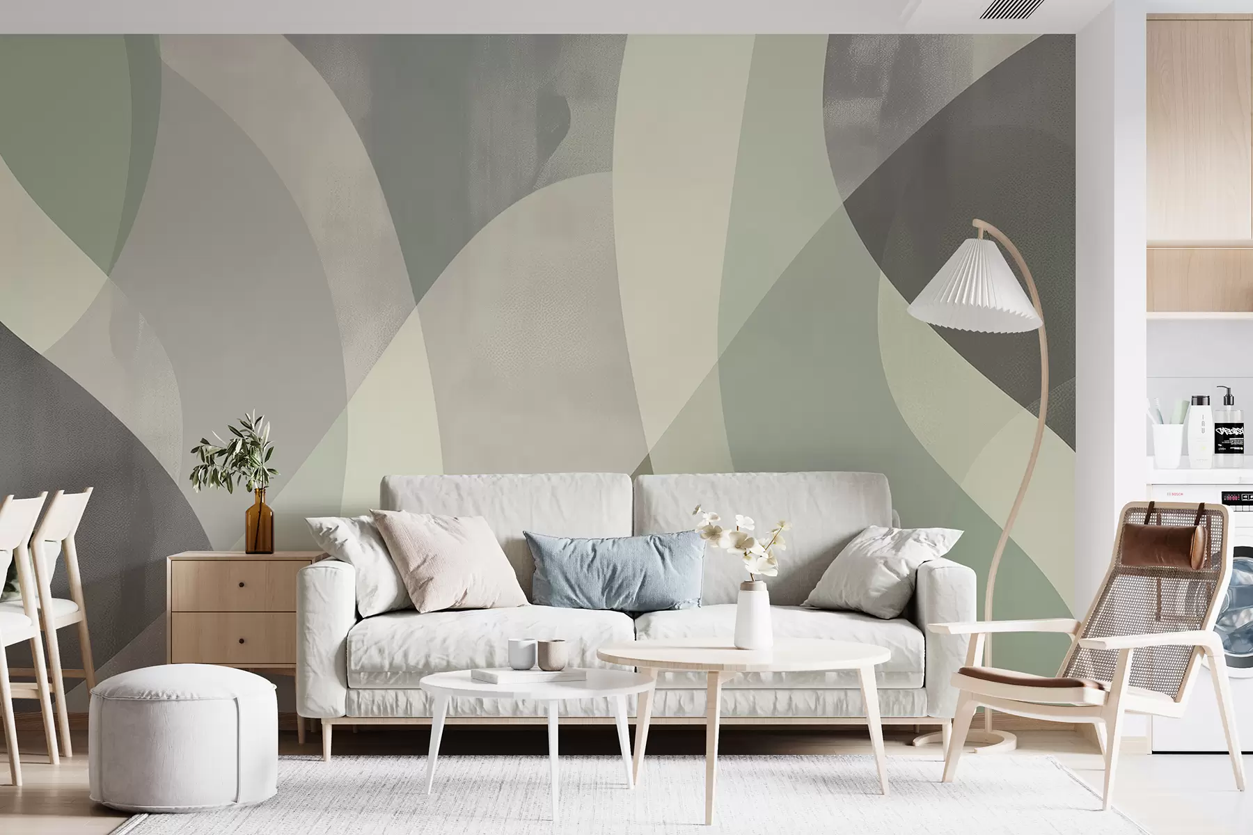 wall murals Soft curves in muted tones with flowing lines and green gradients, minimalist and modern w01334