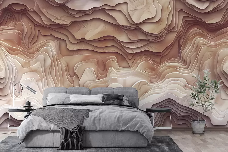 wall murals 3D topographical map with relief contours in light pink tones w01337