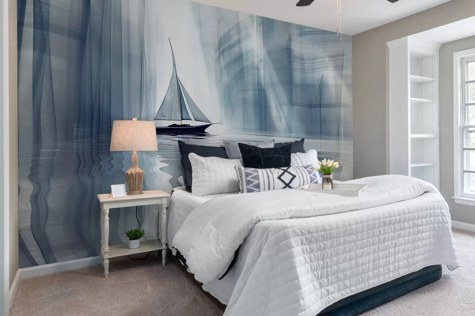 wall murals Boat on the water in a Futurist style with blue colors w01338