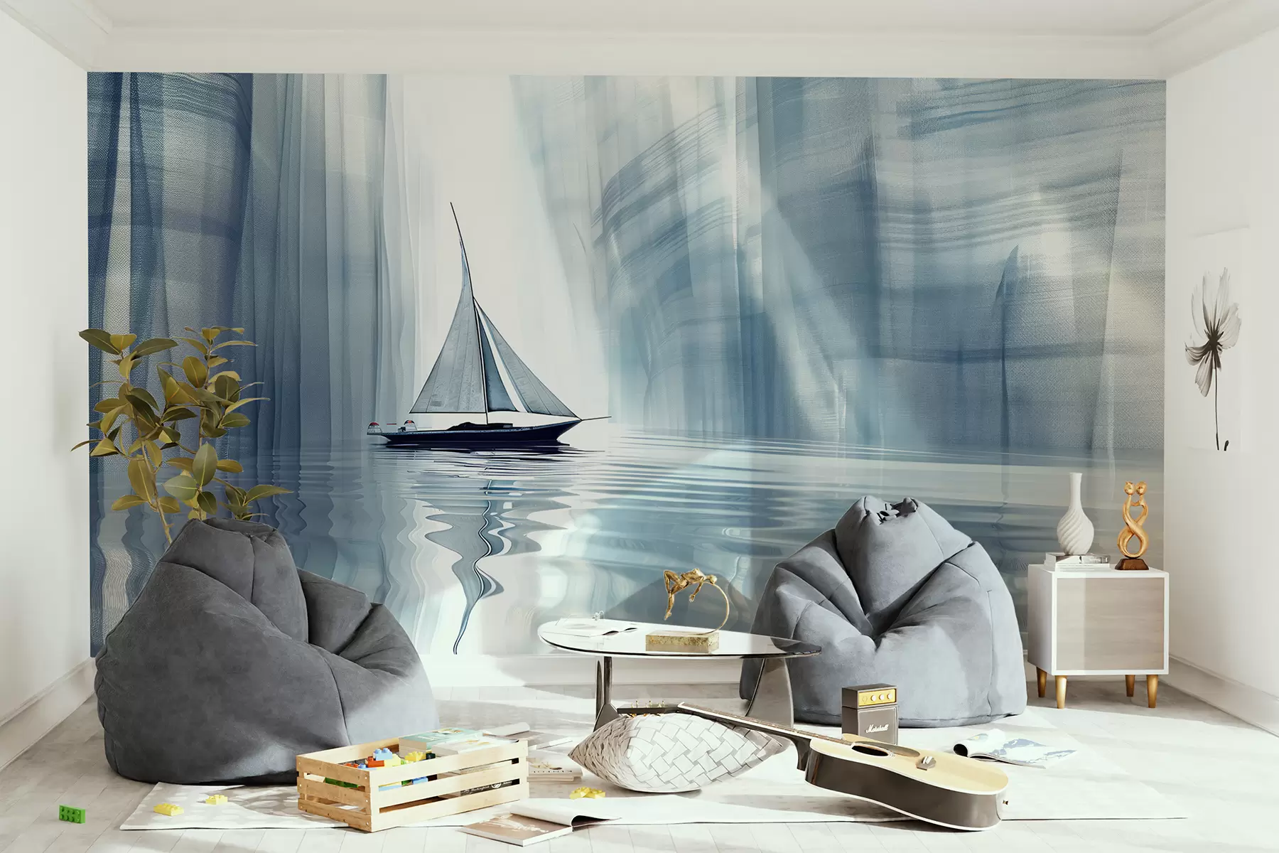wall murals Boat on the water in a Futurist style with blue colors w01338