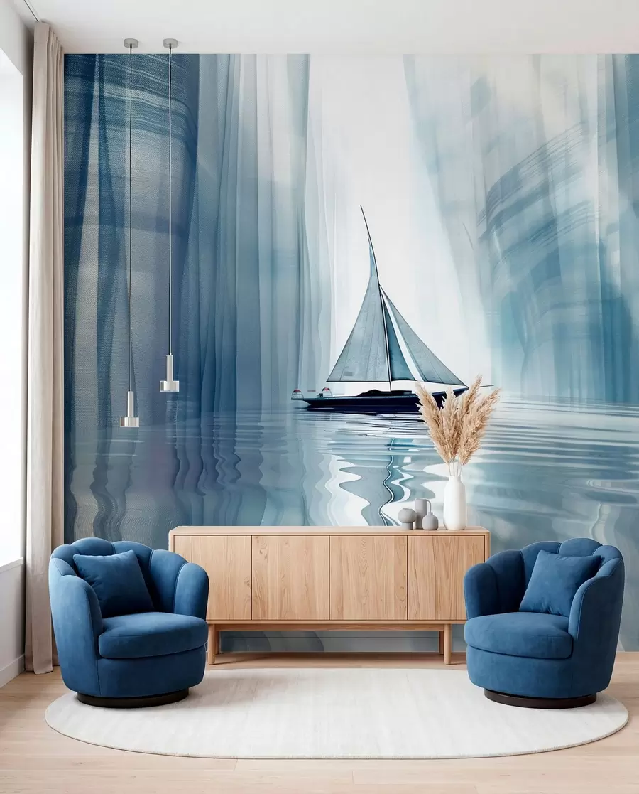 wall murals Boat on the water in a Futurist style with blue colors w01338