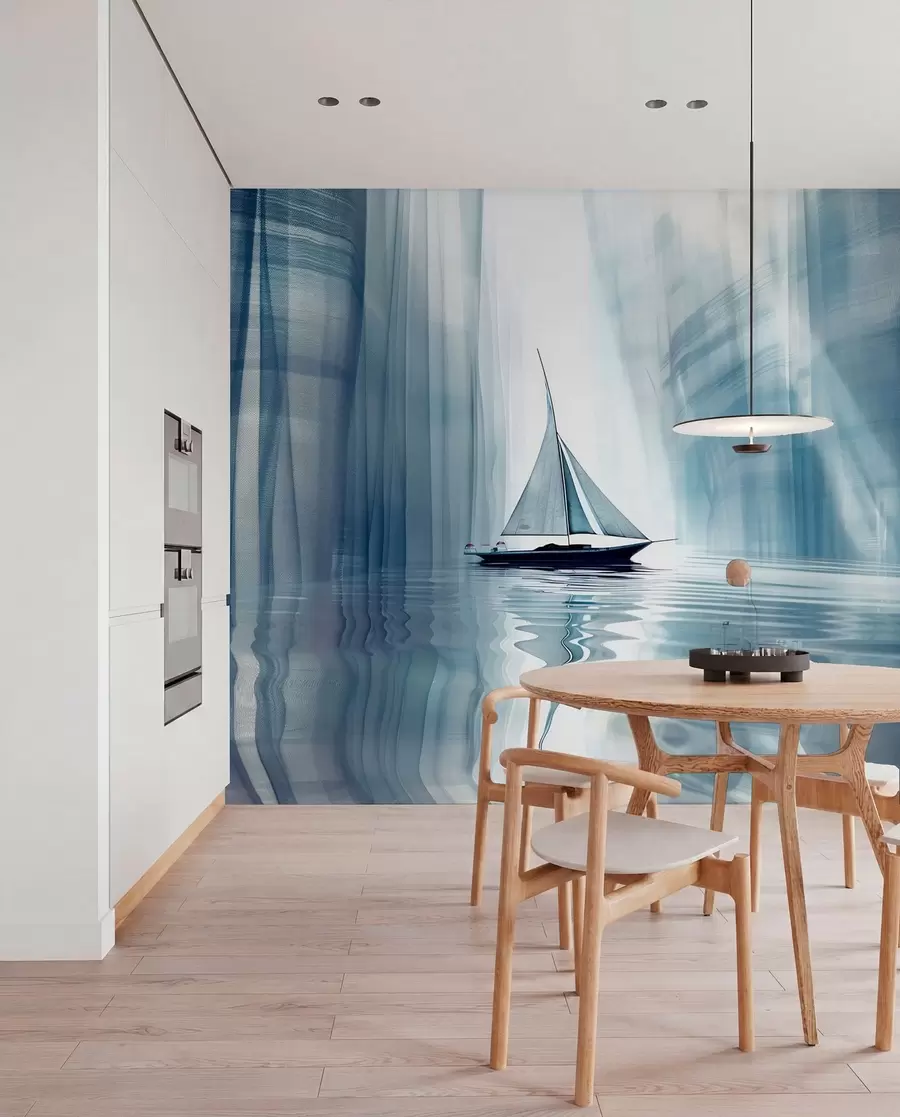 wall murals Boat on the water in a Futurist style with blue colors w01338