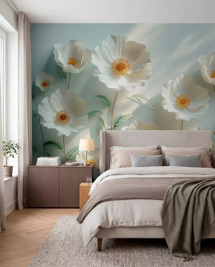 wall murals White poppies against a wall with sunlight and 3D effect w01339