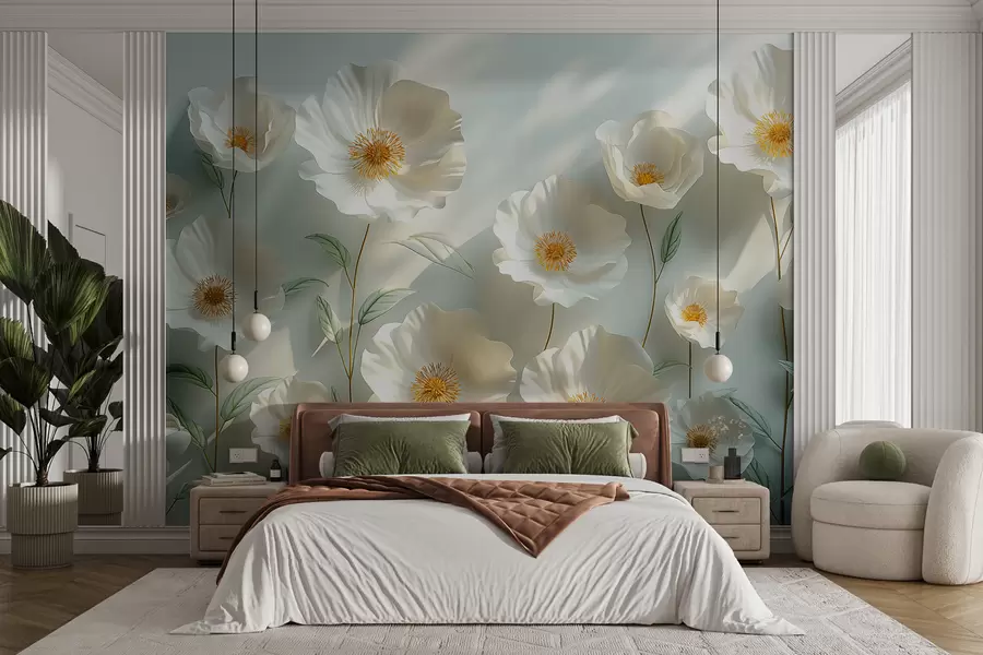 wall murals White poppies against a wall with sunlight and 3D effect w01339