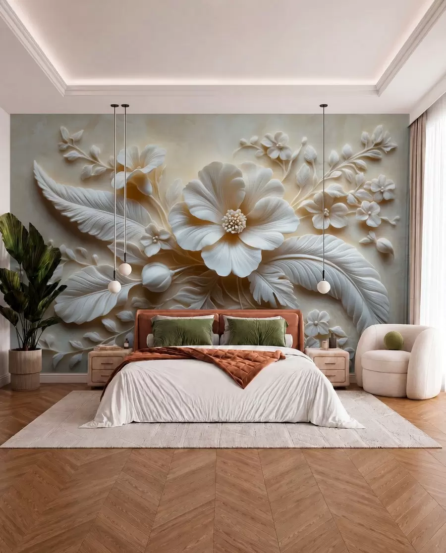 wall murals 3D relief wall art featuring feathers and flowers, with a large poppy in beige colors w01340