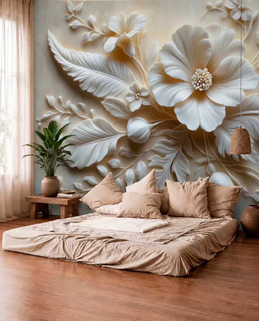 wall murals 3D relief wall art featuring feathers and flowers, with a large poppy in beige colors w01340