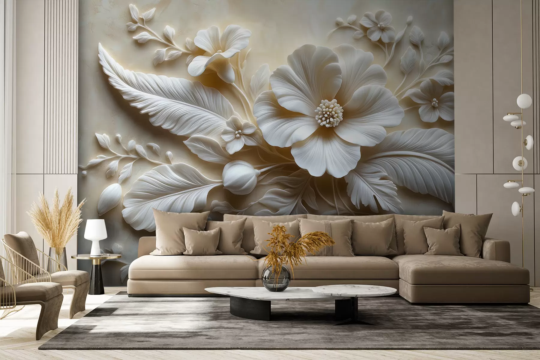 wall murals 3D relief wall art featuring feathers and flowers, with a large poppy in beige colors w01340