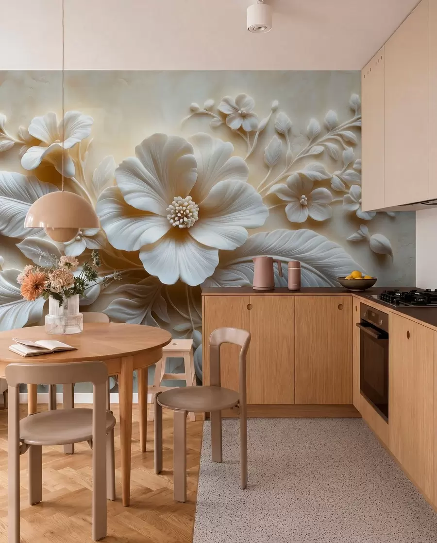 wall murals 3D relief wall art featuring feathers and flowers, with a large poppy in beige colors w01340