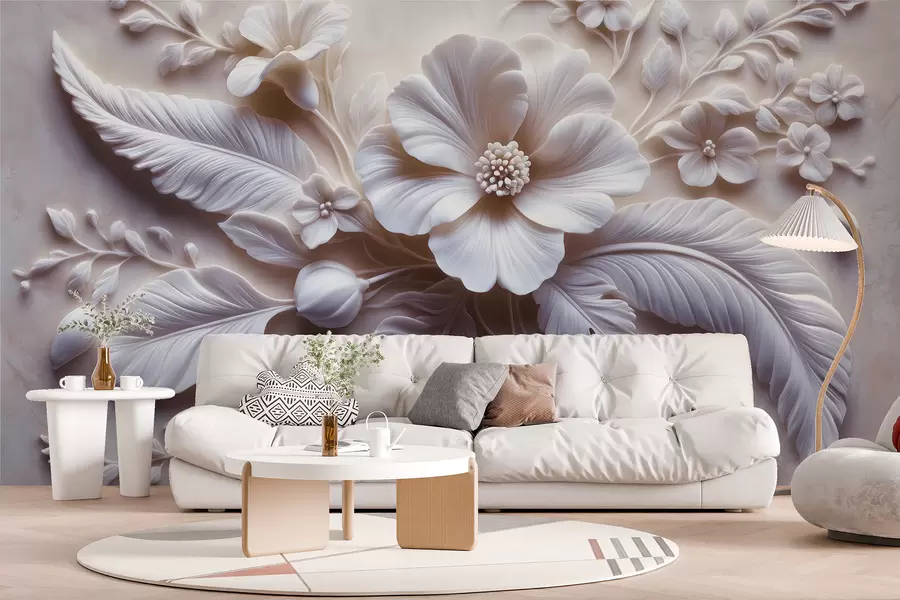 wall murals 3D relief wall art featuring feathers and flowers, with a large poppy in light pink colors w01340v1