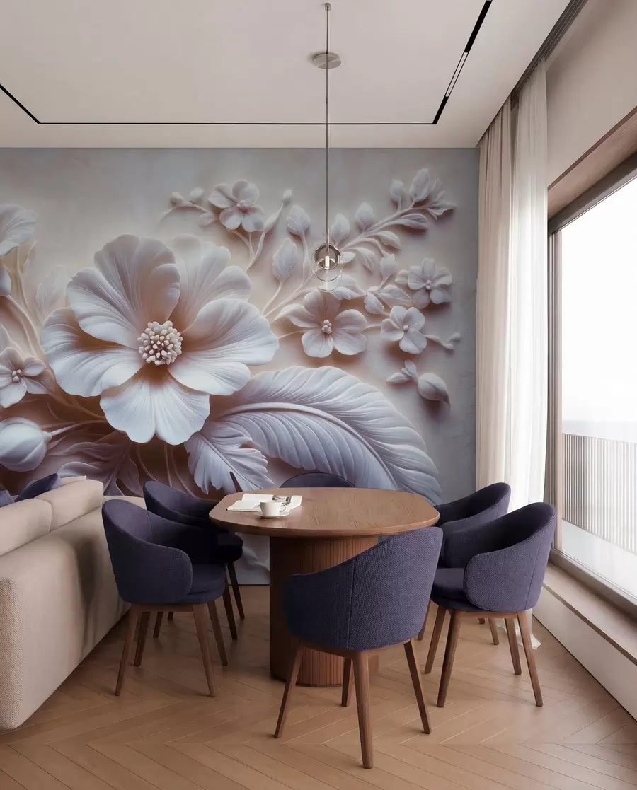 wall murals 3D relief wall art featuring feathers and flowers, with a large poppy in light pink colors w01340v1