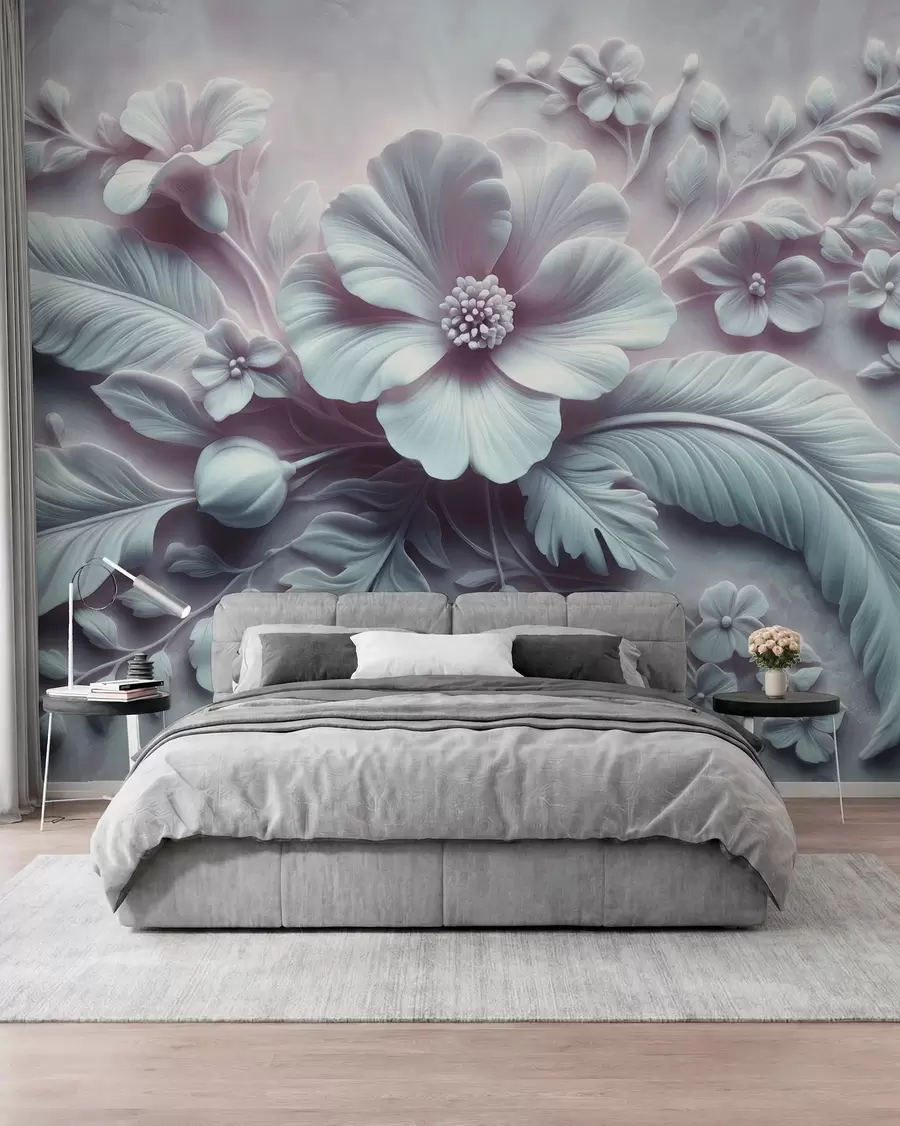wall murals 3D relief wall art featuring feathers and flowers, with a large poppy in light blue colors w01340v2