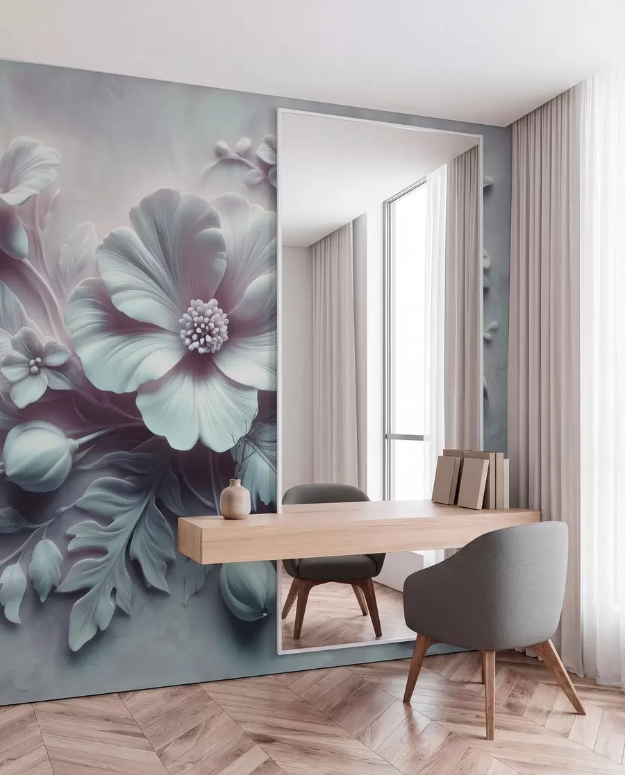 wall murals 3D relief wall art featuring feathers and flowers, with a large poppy in light blue colors w01340v2