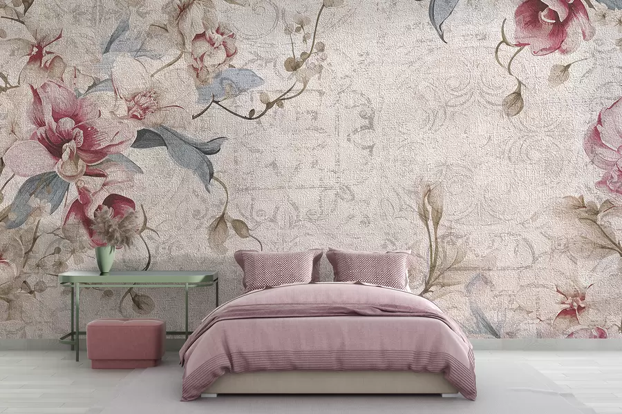 wall murals A vintage floral pattern with delicate pink and white flowers, leaves on a light beige background w08149