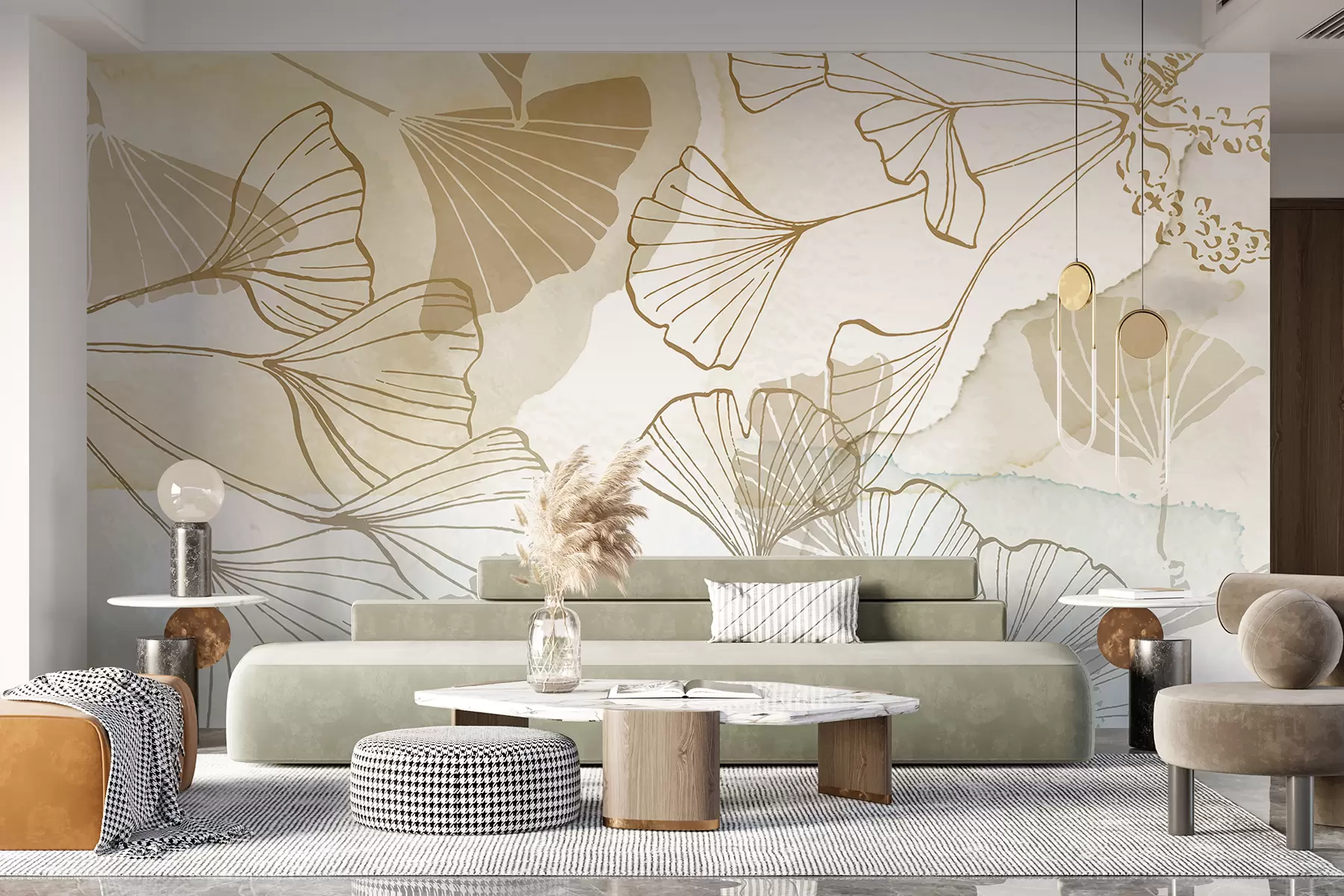 wall murals A pattern of delicate ginkgo leaves in shades of beige, tan, and blue against a light background w08157