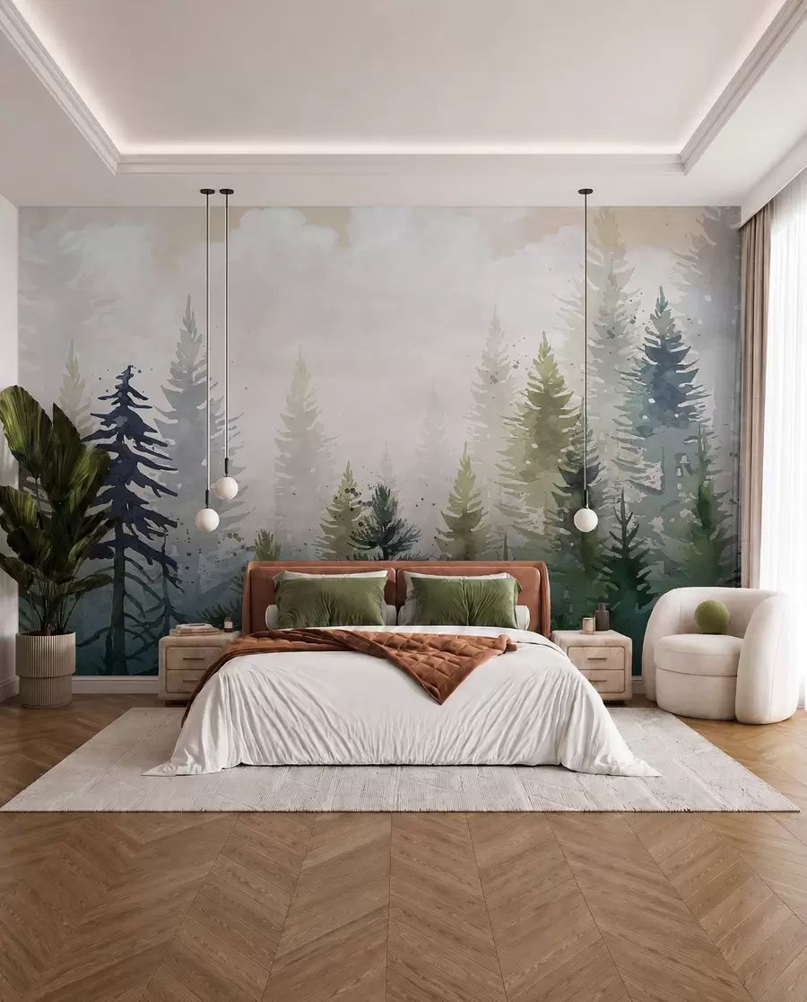 wall murals Forest of tall evergreen pine trees in a foggy environment and filled with soft, hazy clouds landscape w08160