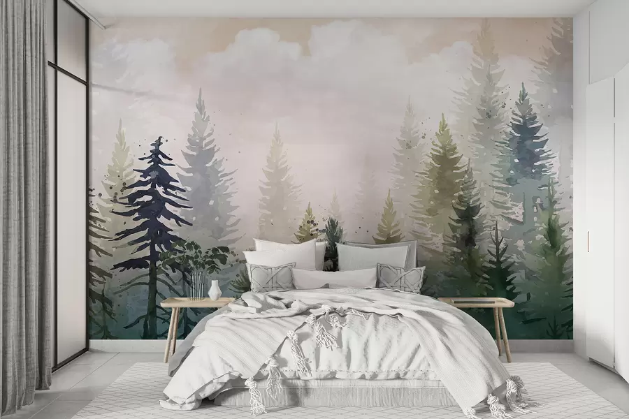 wall murals Forest of tall evergreen pine trees in a foggy environment and filled with soft, hazy clouds landscape w08160