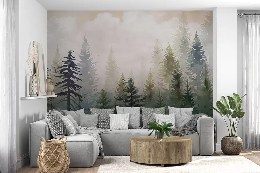 wall murals Forest of tall evergreen pine trees in a foggy environment and filled with soft, hazy clouds landscape w08160
