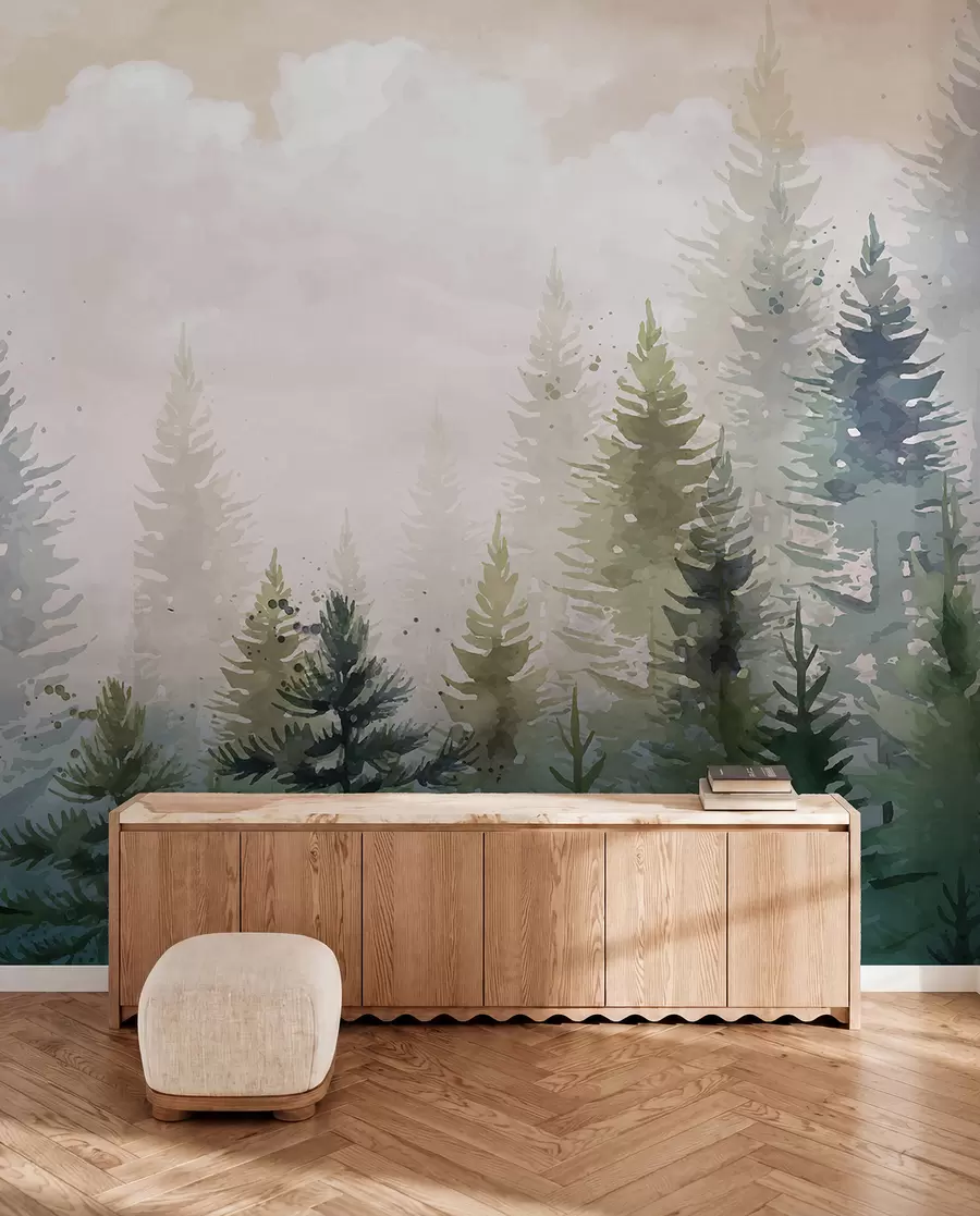 wall murals Forest of tall evergreen pine trees in a foggy environment and filled with soft, hazy clouds landscape w08160