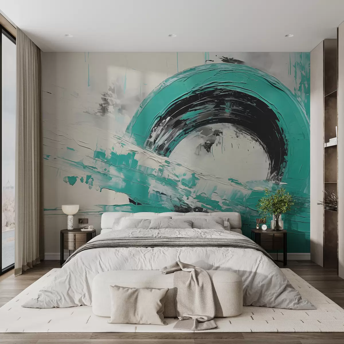 wall murals Abstract rounded figure turquoise black paint strokes on grey background with textured scratches w00733