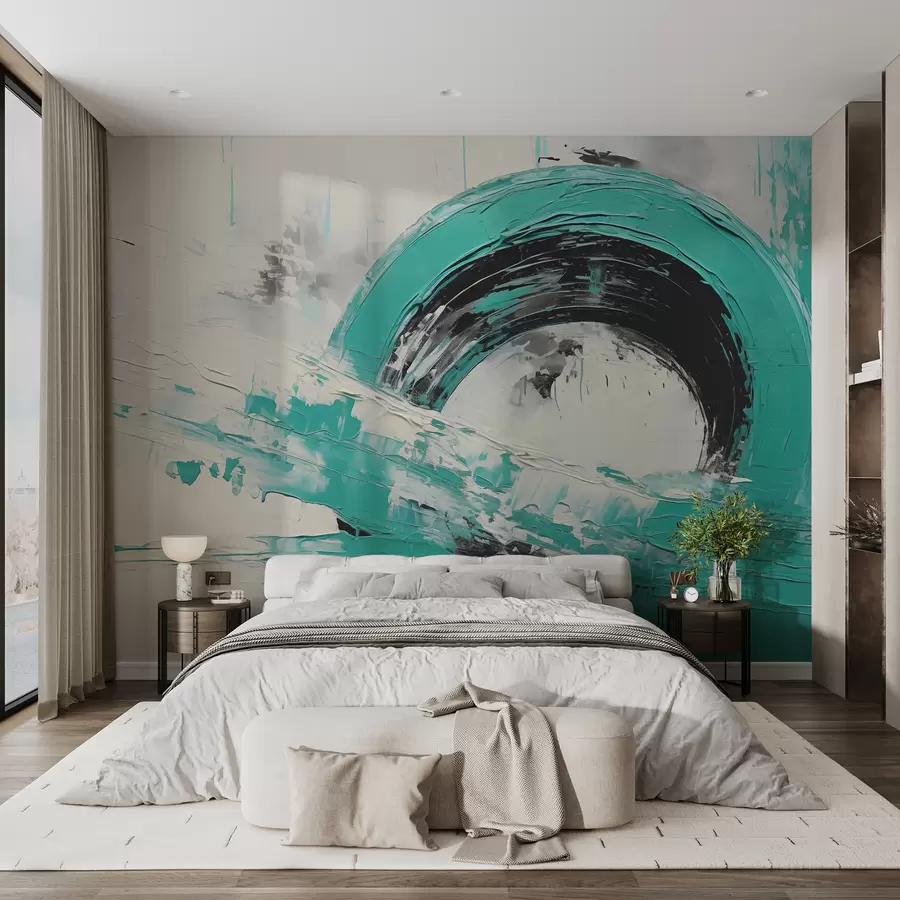 wall murals Abstract rounded figure turquoise black paint strokes on grey background with textured scratches w00733