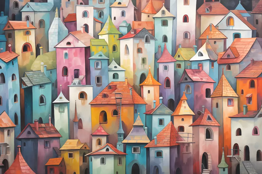 wall murals Colorful bright houses imitation painting with brush strokes w00946