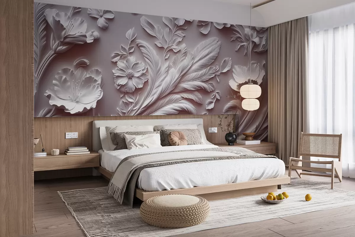 wall murals Exquisite raised flowers and leaves in pink tones w01356v1