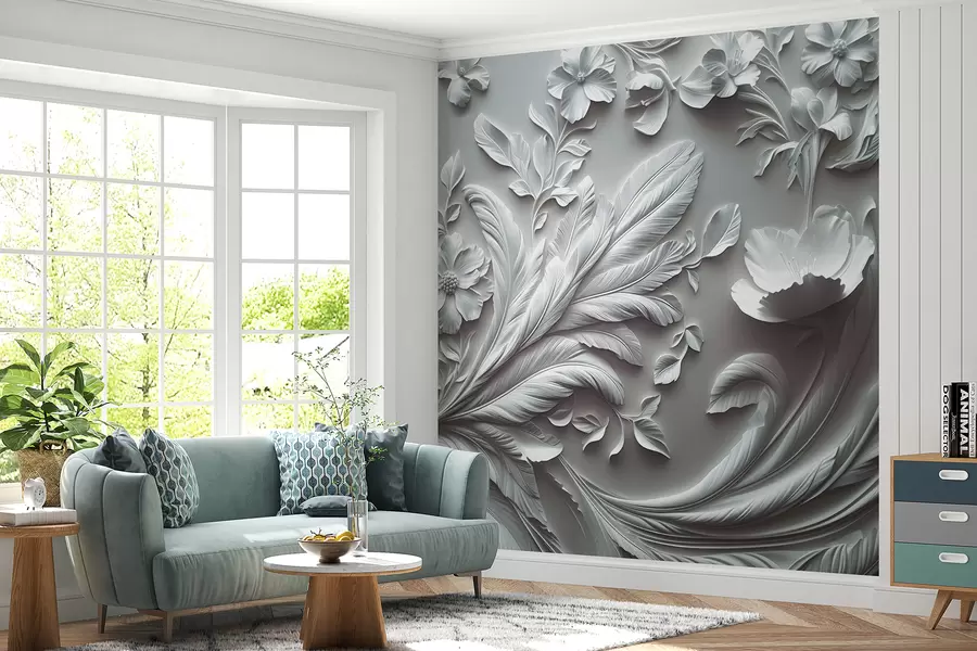wall murals Exquisite raised flowers and leaves in gray tones w01356v2