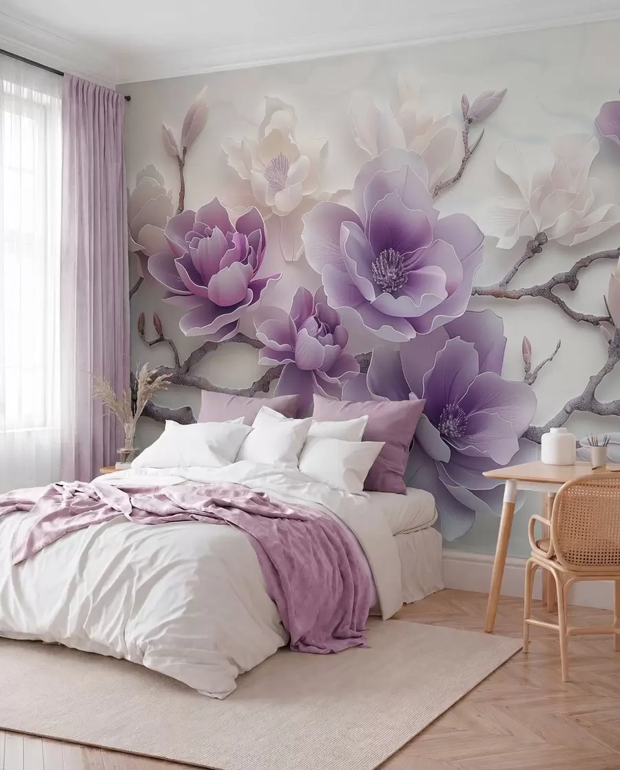 wall murals Purple embossed magnolia flowers on a graceful branch w01359