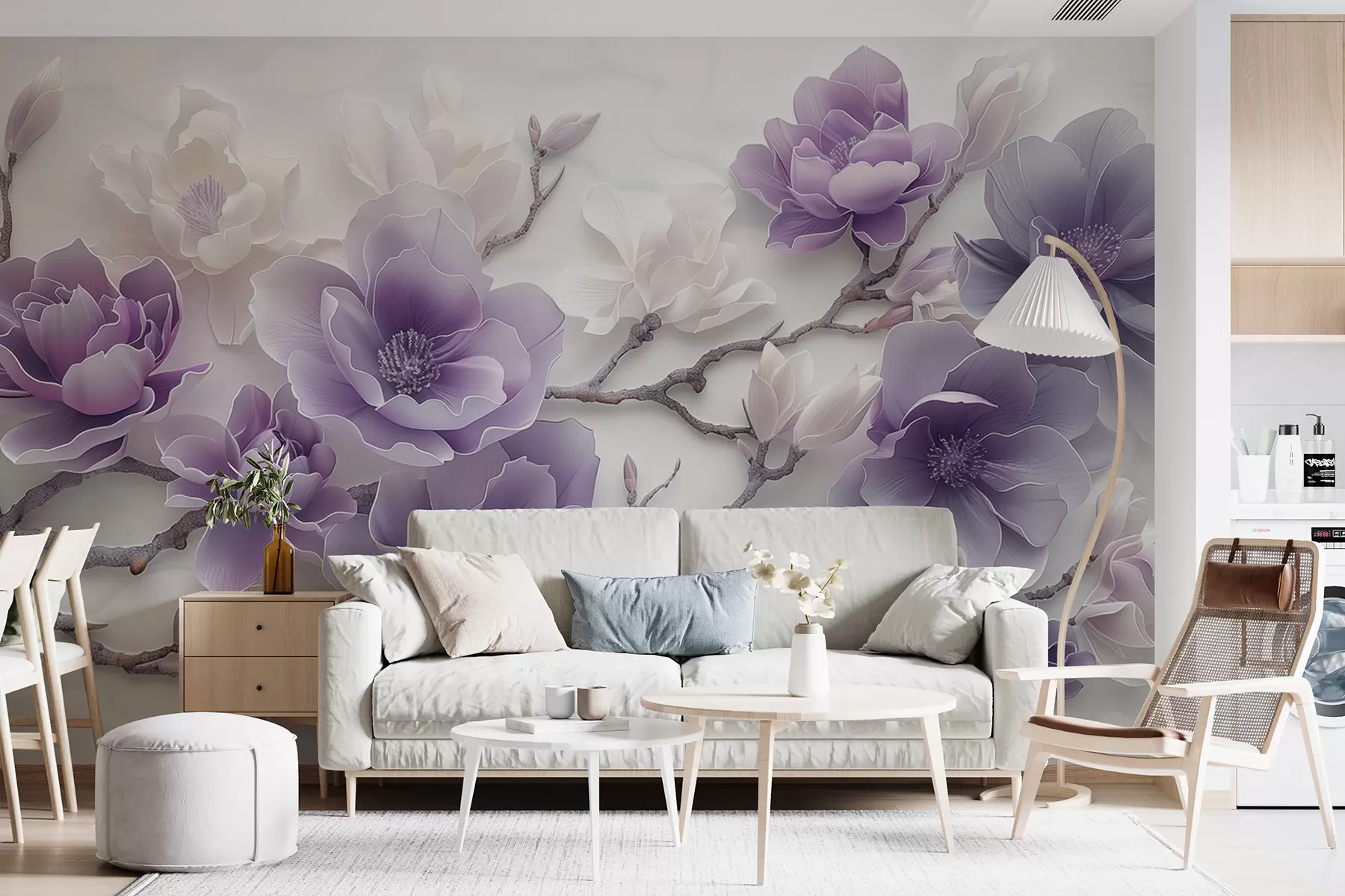 wall murals Purple embossed magnolia flowers on a graceful branch w01359