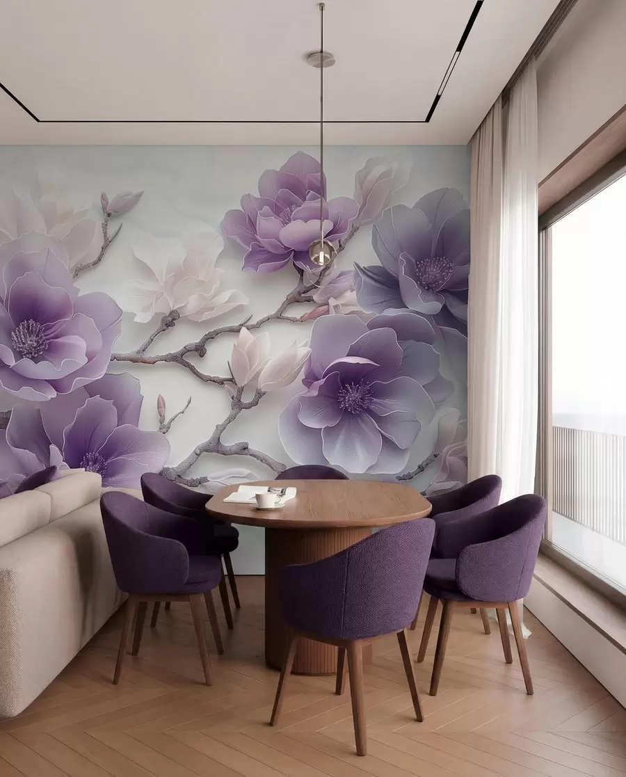 wall murals Purple embossed magnolia flowers on a graceful branch w01359