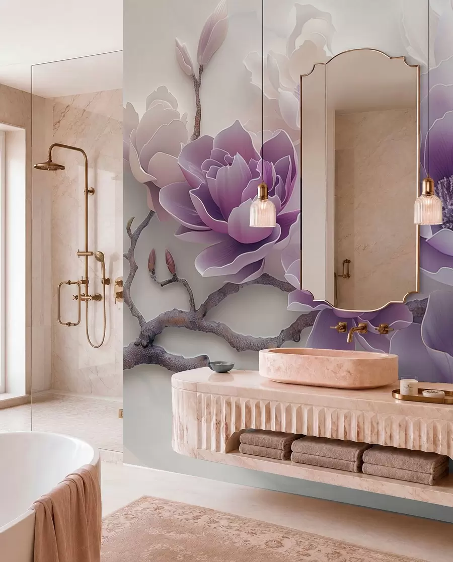 wall murals Purple embossed magnolia flowers on a graceful branch w01359