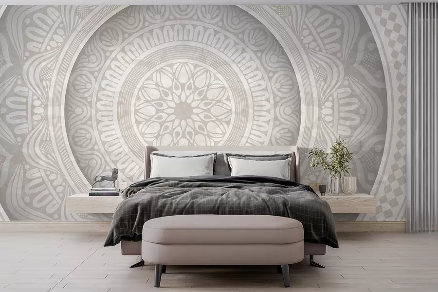 wall murals A detailed symmetrical gray and white mandala print with concentric circles and geometric shapes w08182
