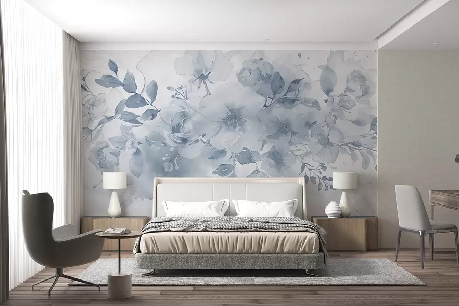 wall murals Soft, blurred floral pattern in shades of gray and white, with delicate flowers and leaves w08189