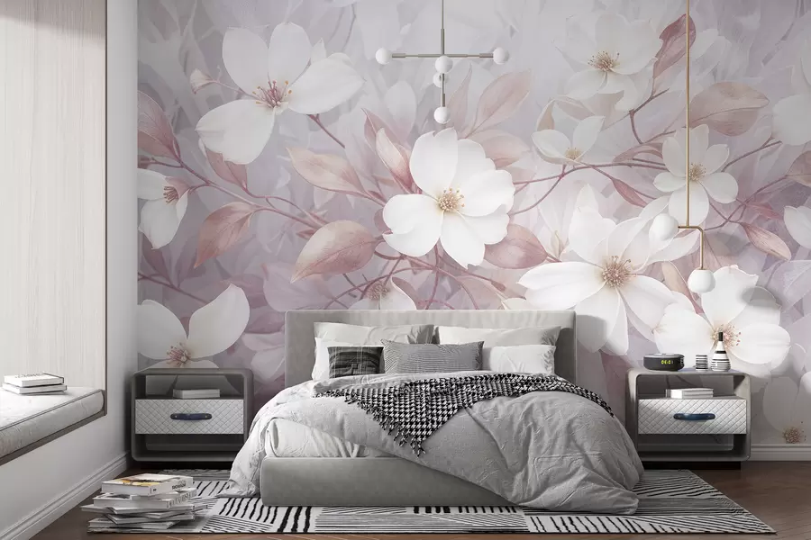 wall murals Delicate pink and white magnolia flowers blooming on soft, blurred branches against a pale background w08196