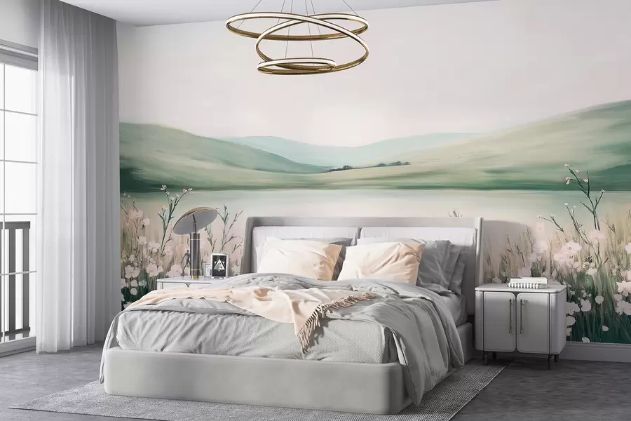wall murals Flower meadow, nature landscape, lake, pink flowers, green hills w01387