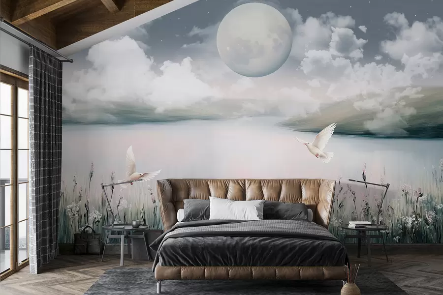 wall murals Beautiful landscape with lake, flower meadow, moon on the night starry sky, flying birds, clouds w01389