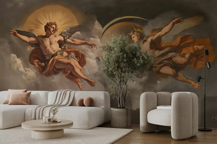 wall murals wall mural in the style of renaissance frescoes in beige and dark shades. Two male figures of gods reaching out to each other w08137