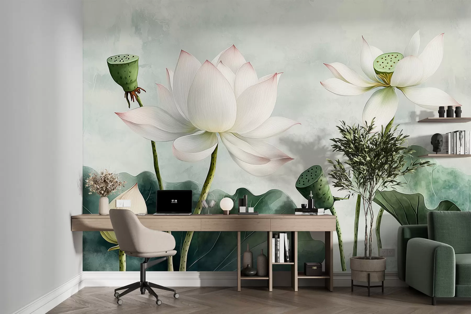 wall murals Lotus flowers, watercolor, nature, floral composition, big leaves, soft colors w01445