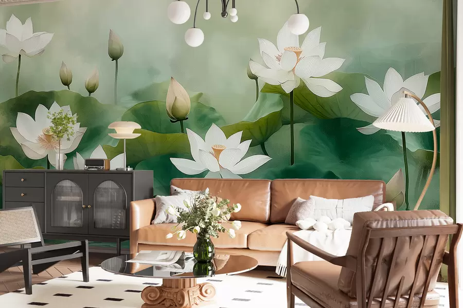 wall murals Lotuses in the lake, nature, mist, acrylic drawing, big leaves, jungle, soft natural colors w01450