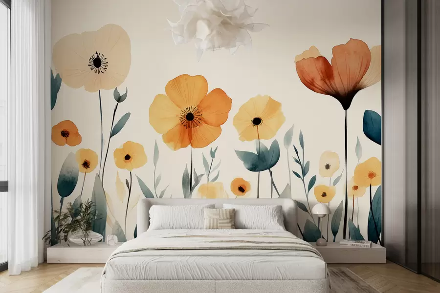 wall murals Watercolor meadow flowers, rustic, floral composition, simple drawing, beige, orange, blue w01453