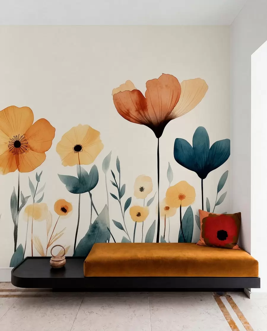 wall murals Watercolor meadow flowers, rustic, floral composition, simple drawing, beige, orange, blue w01453