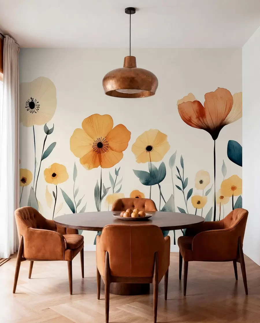 wall murals Watercolor meadow flowers, rustic, floral composition, simple drawing, beige, orange, blue w01453