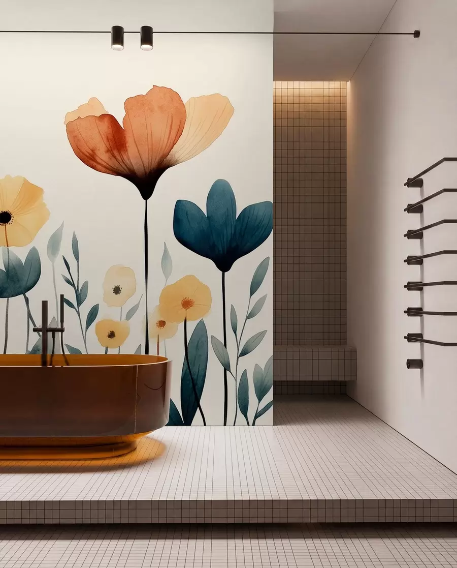 wall murals Watercolor meadow flowers, rustic, floral composition, simple drawing, beige, orange, blue w01453