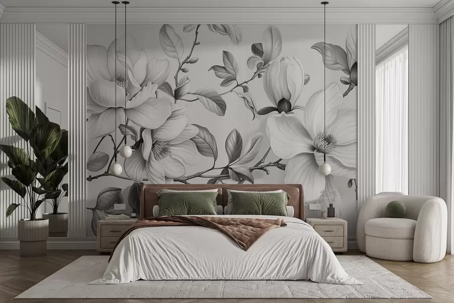 wall murals Monochrome magnolia elegance w01429