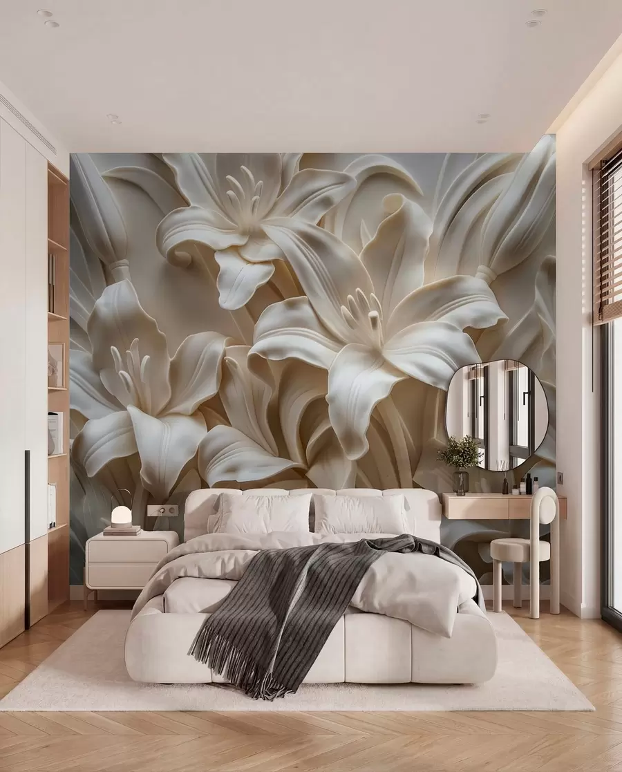 wall murals Elegant beige 3d relief of carved lilies w01433